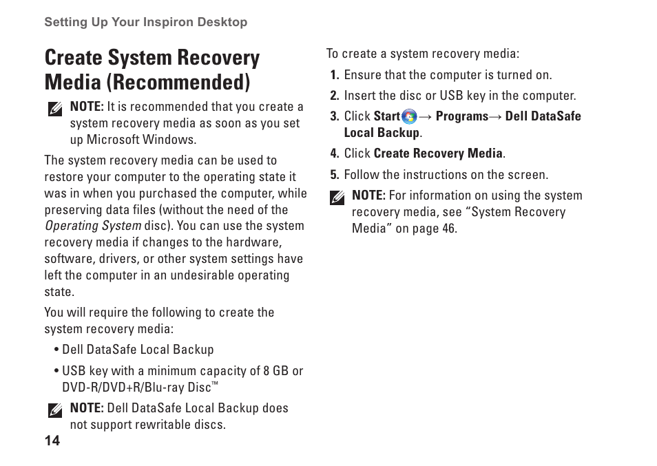Connect to the internet (optional), Create system recovery media (recommended) | Dell Inpsiron 560s (Late 2009) User Manual | Page 16 / 72
