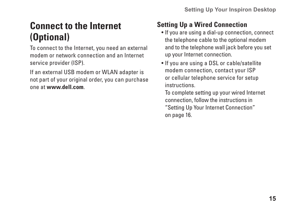 Connect to the internet (optional) | Dell Inpsiron 560s (Late 2009) User Manual | Page 17 / 72
