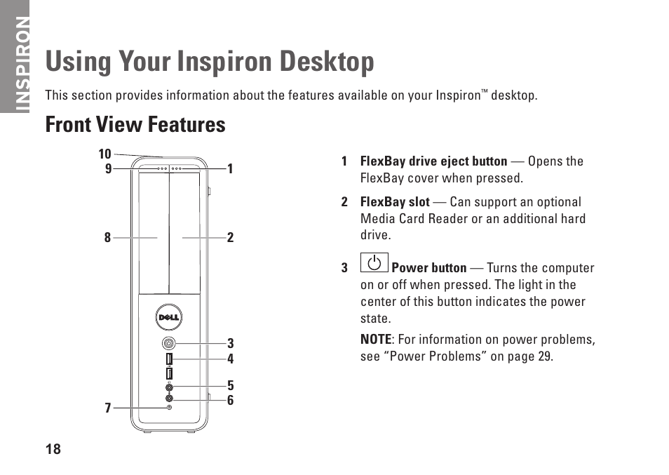 Using your inspiron desktop, Front view features, Inspiron | Dell Inpsiron 560s (Late 2009) User Manual | Page 20 / 72