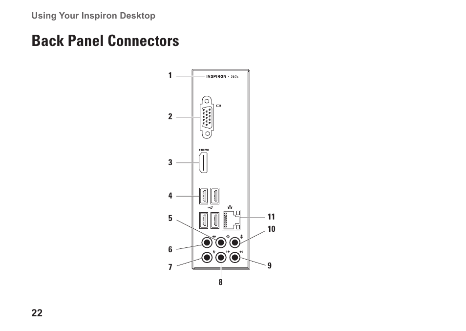 Back panel connectors | Dell Inpsiron 560s (Late 2009) User Manual | Page 24 / 72