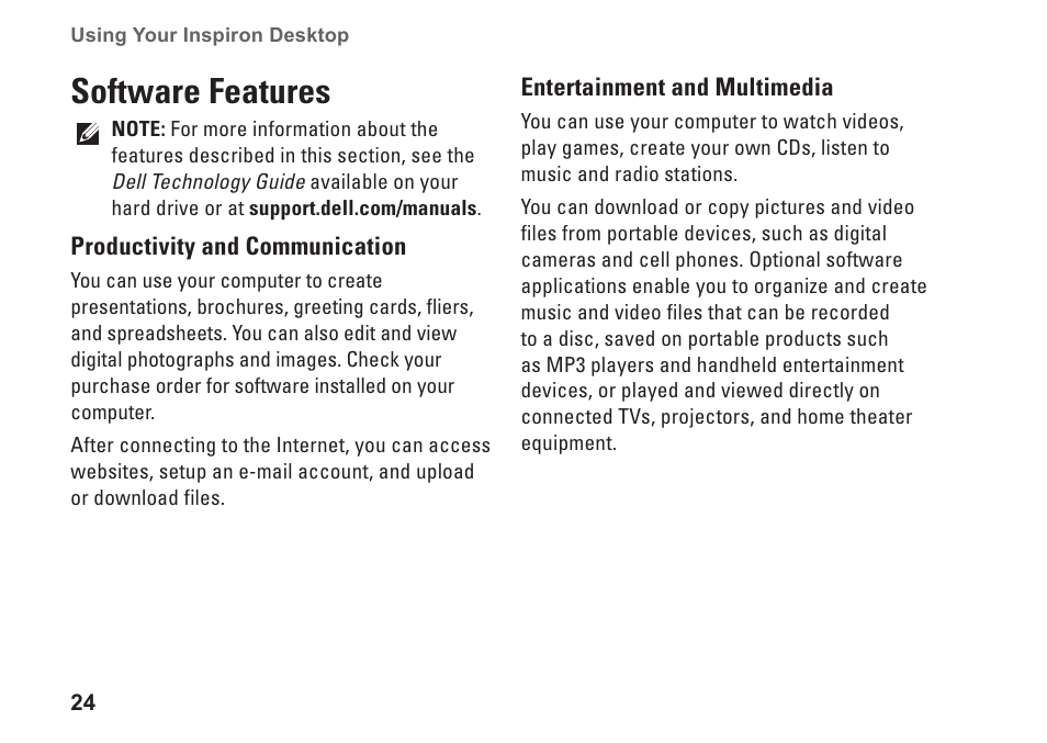 Software features | Dell Inpsiron 560s (Late 2009) User Manual | Page 26 / 72