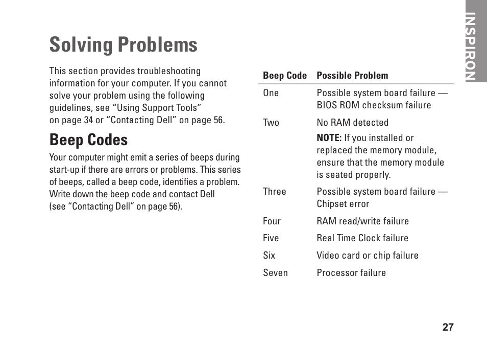 Solving problems, Beep codes, Inspiron | Dell Inpsiron 560s (Late 2009) User Manual | Page 29 / 72