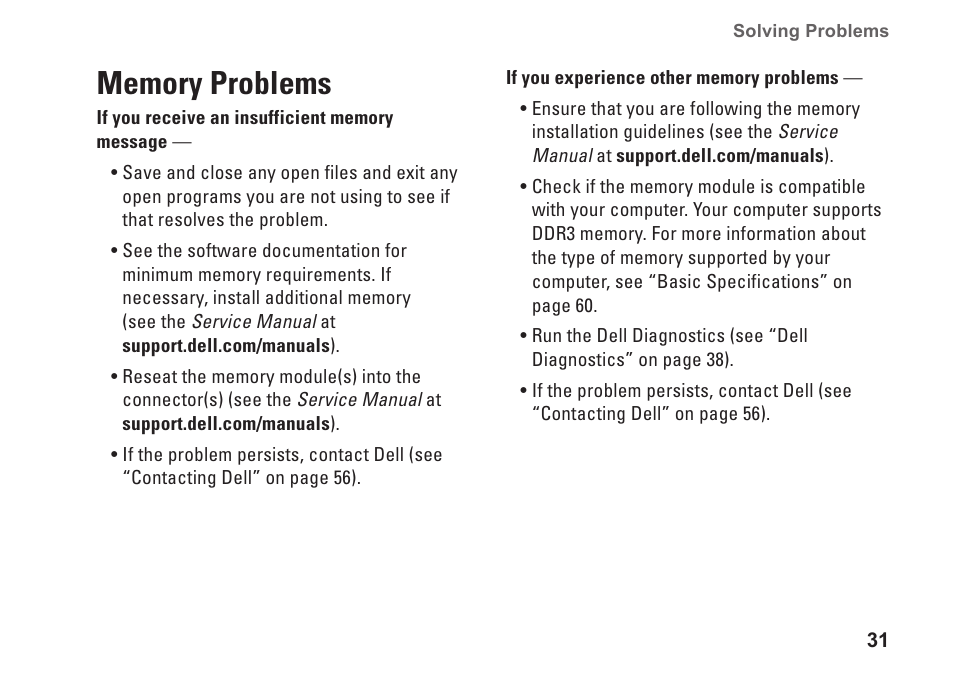 Memory problems | Dell Inpsiron 560s (Late 2009) User Manual | Page 33 / 72