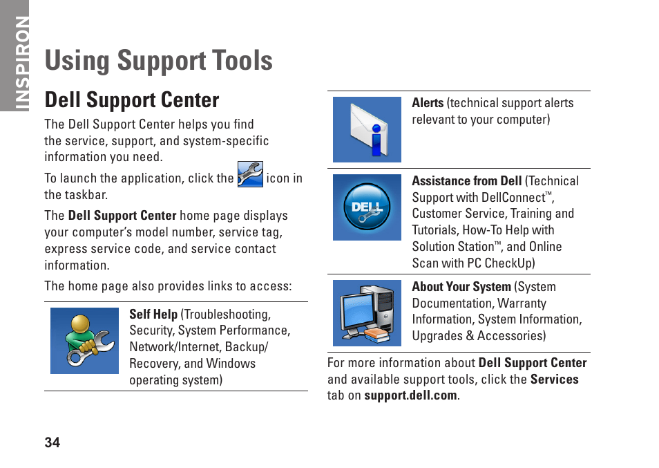 Using support tools, Dell support center, Inspiron | Dell Inpsiron 560s (Late 2009) User Manual | Page 36 / 72
