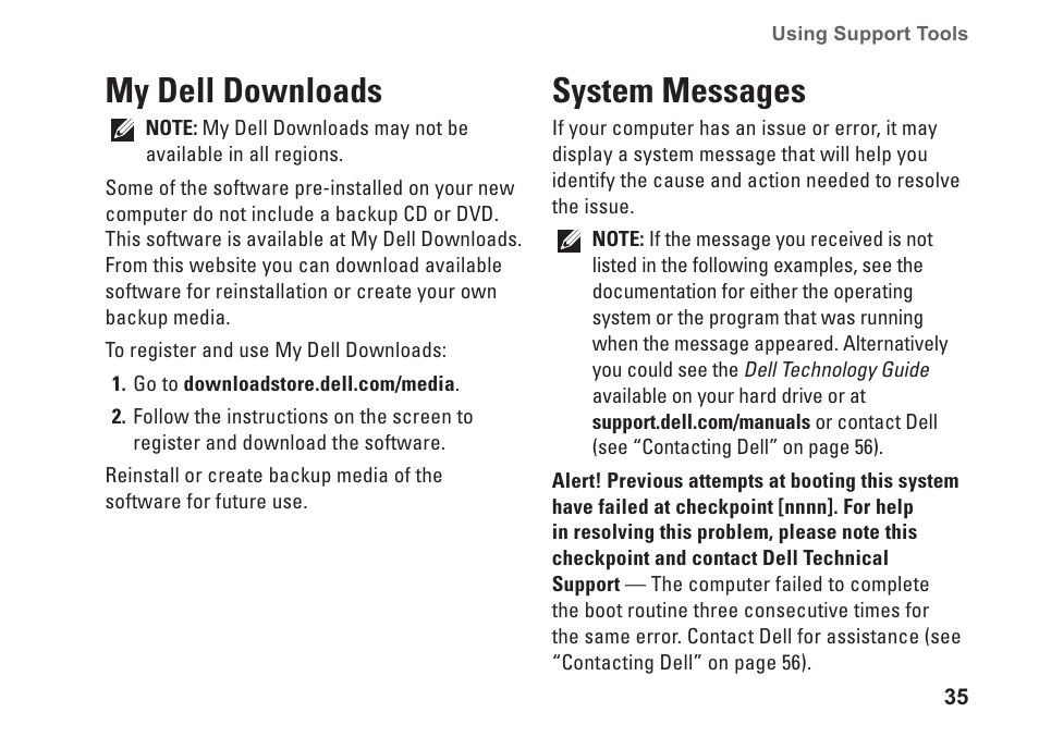 My dell downloads, System messages, My dell downloads system messages | Dell Inpsiron 560s (Late 2009) User Manual | Page 37 / 72