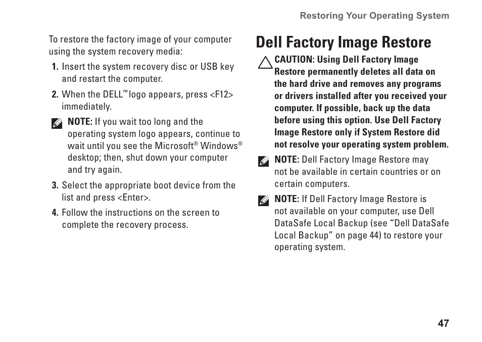 Dell factory image restore | Dell Inpsiron 560s (Late 2009) User Manual | Page 49 / 72