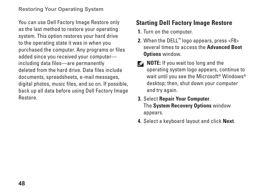 Starting dell factory image restore | Dell Inpsiron 560s (Late 2009) User Manual | Page 50 / 72