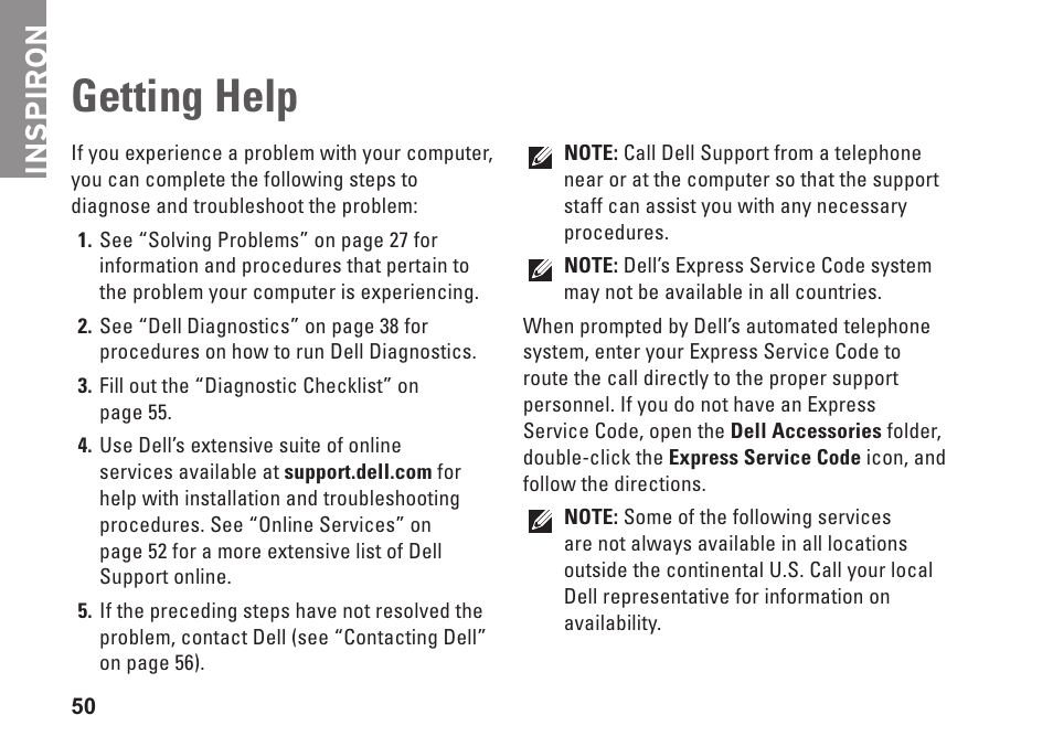 Getting help, Inspiron | Dell Inpsiron 560s (Late 2009) User Manual | Page 52 / 72