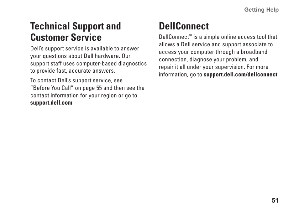 Technical support and customer service, Dellconnect, Technical support and customer | Service dellconnect | Dell Inpsiron 560s (Late 2009) User Manual | Page 53 / 72