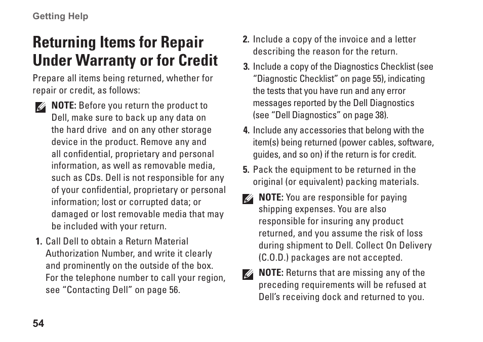 Returning items for repair under, Warranty or for credit | Dell Inpsiron 560s (Late 2009) User Manual | Page 56 / 72