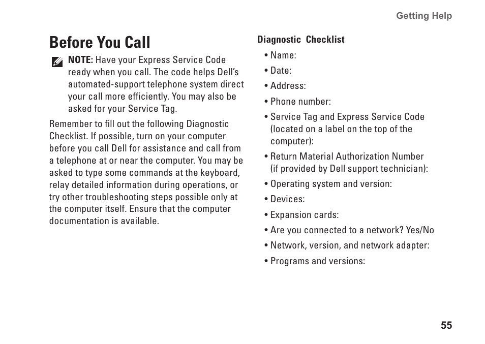 Before you call | Dell Inpsiron 560s (Late 2009) User Manual | Page 57 / 72
