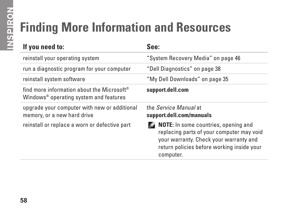 Finding more information and resources, Finding more information and, Resources | Inspiron | Dell Inpsiron 560s (Late 2009) User Manual | Page 60 / 72