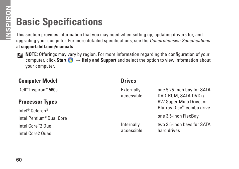 Basic specifications, Inspiron, Computer model | Processor types, Drives | Dell Inpsiron 560s (Late 2009) User Manual | Page 62 / 72