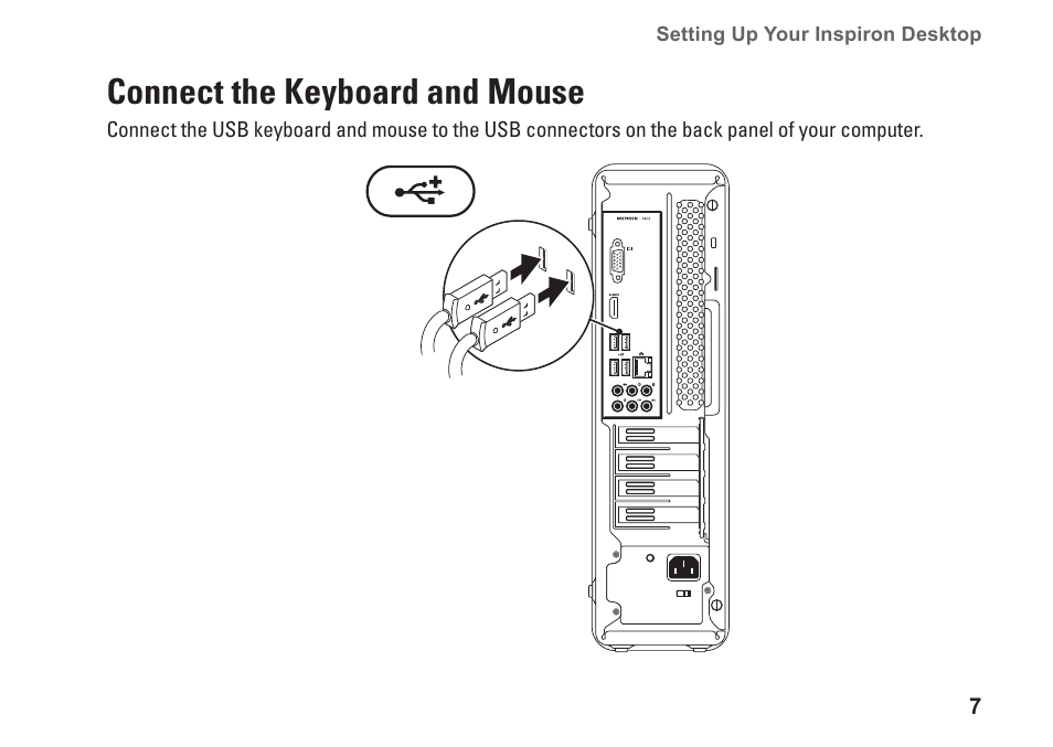 Connect the keyboard and mouse | Dell Inpsiron 560s (Late 2009) User Manual | Page 9 / 72
