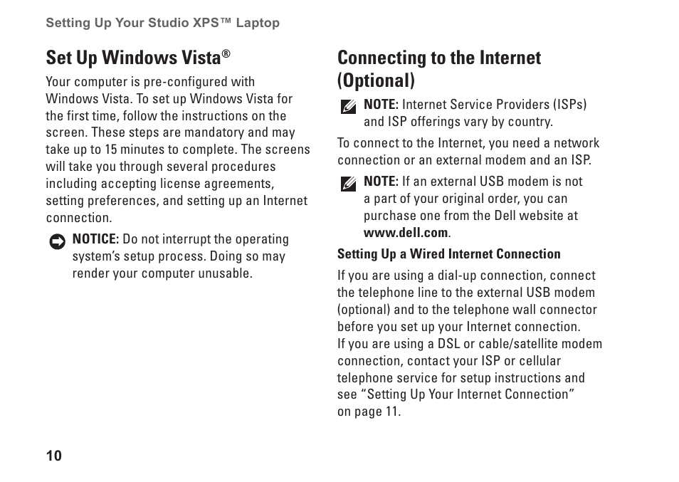 Set up windows vista, Connecting to the internet (optional) | Dell Studio XPS M1340 (Mid 2010) User Manual | Page 12 / 74