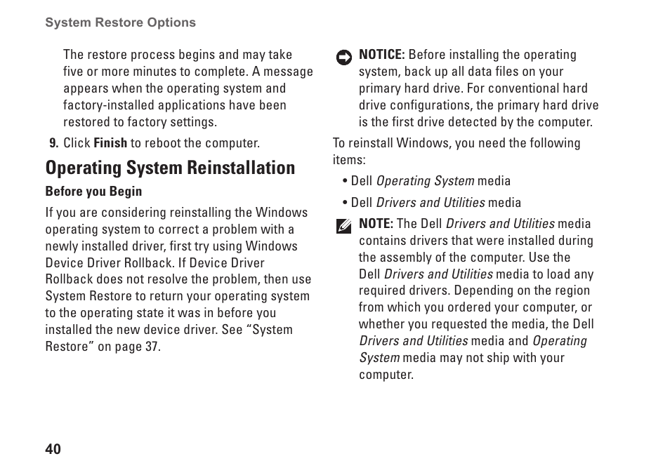 Operating system reinstallation | Dell Studio XPS M1340 (Mid 2010) User Manual | Page 42 / 74