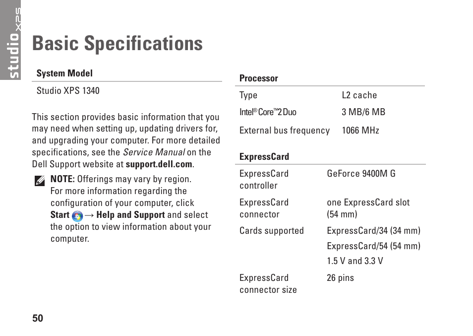 Basic specifications | Dell Studio XPS M1340 (Mid 2010) User Manual | Page 52 / 74