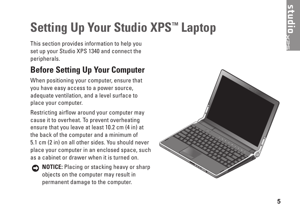 Setting up your studio xps™ laptop, Before setting up your computer, Setting up your studio xps | Laptop | Dell Studio XPS M1340 (Mid 2010) User Manual | Page 7 / 74