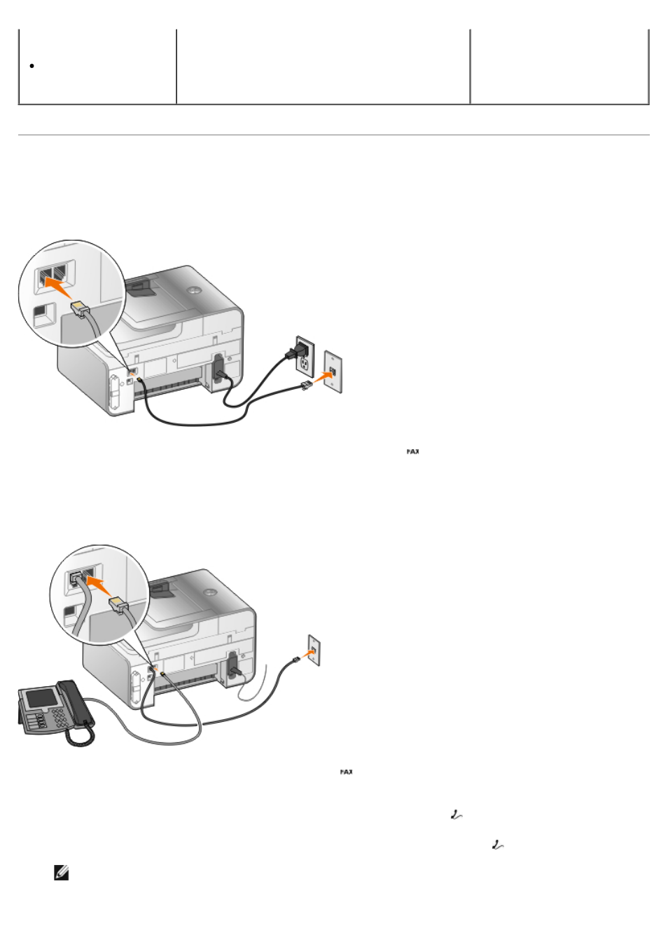 Setting up the printer with external devices, Connecting directly to a, Telephone wall jack | Connecting to a telephone | Dell 968 All In One Photo Printer User Manual | Page 6 / 181