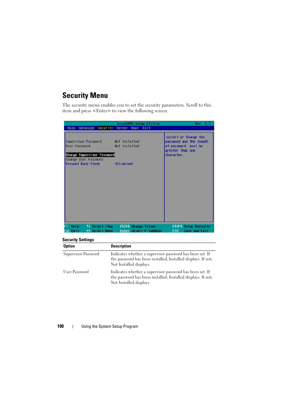 Security menu | Dell PowerEdge C8000 User Manual | Page 100 / 386