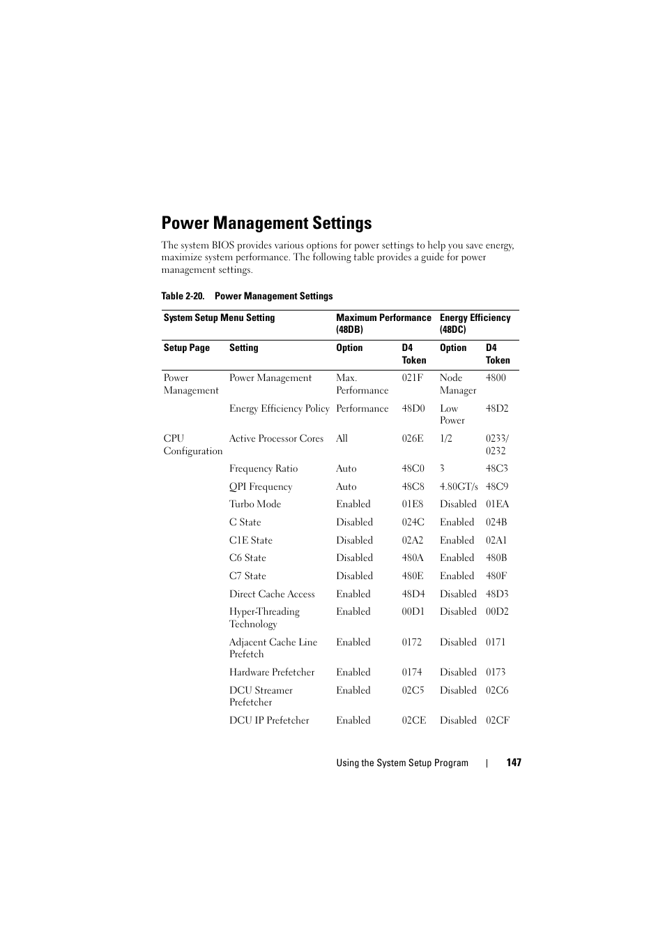 Power management settings | Dell PowerEdge C8000 User Manual | Page 147 / 386
