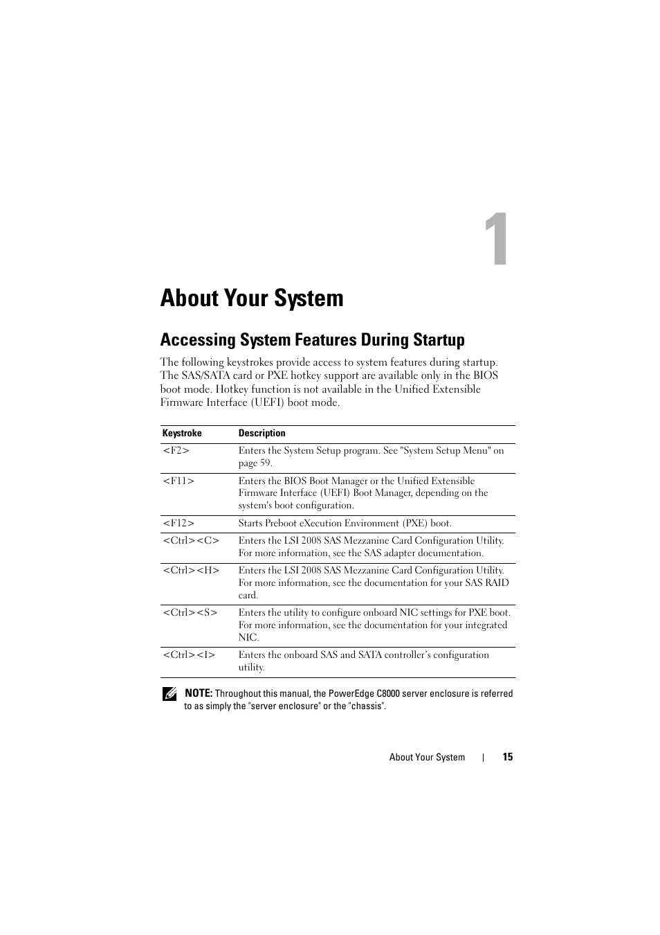 About your system, Accessing system features during startup | Dell PowerEdge C8000 User Manual | Page 15 / 386