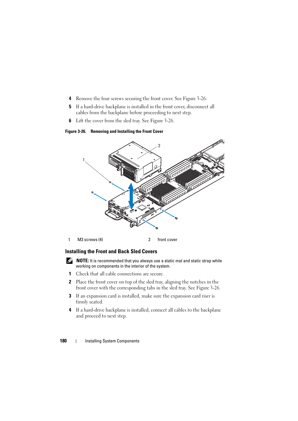 Installing the front and back sled covers, Installing the front and back sled, Covers | Installing the front and back sled covers" on | Dell PowerEdge C8000 User Manual | Page 180 / 386