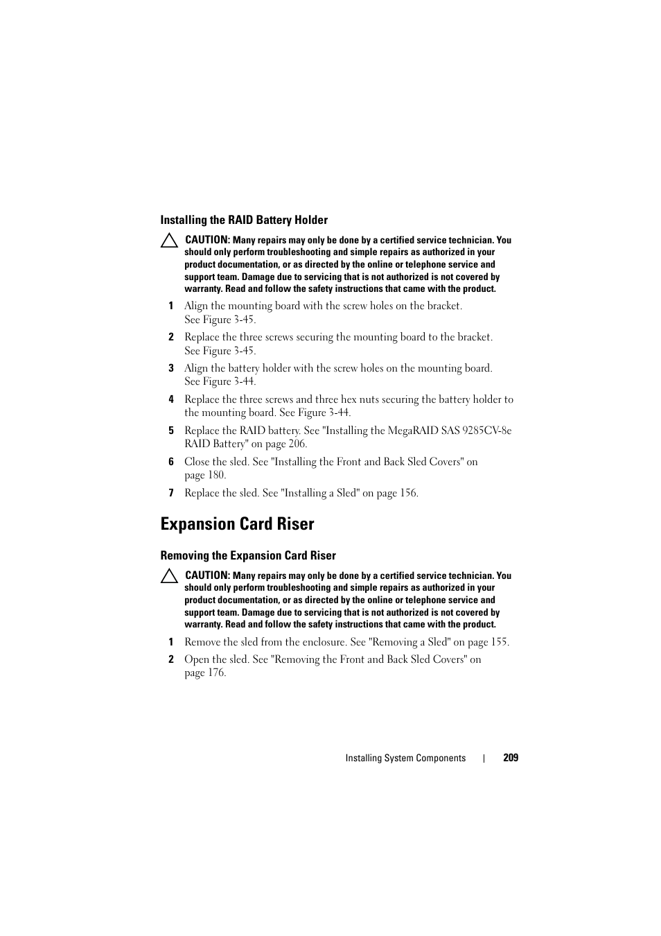 Installing the raid battery holder, Expansion card riser, Removing the expansion card riser | Dell PowerEdge C8000 User Manual | Page 209 / 386