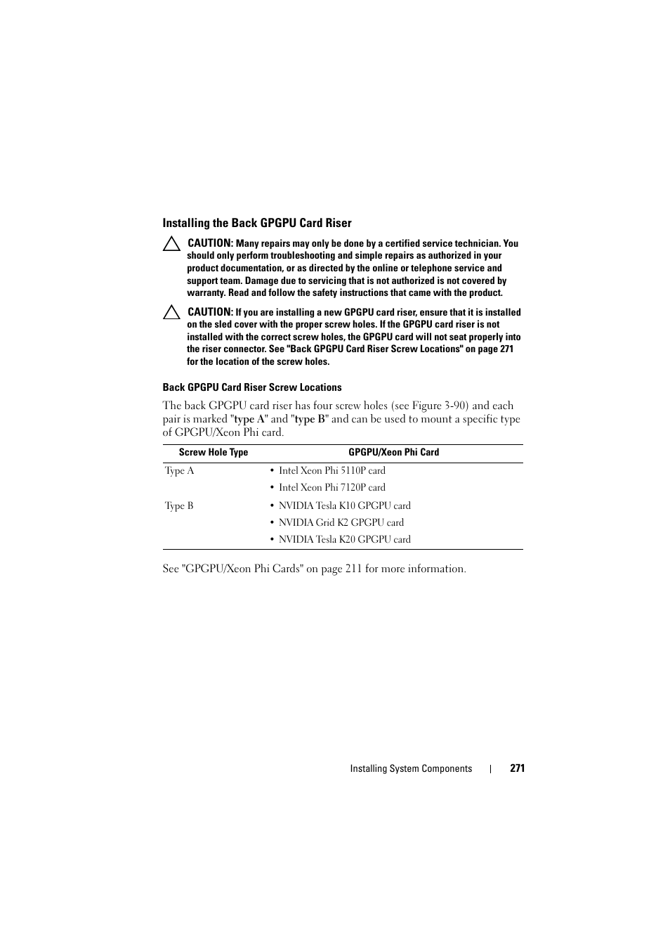 Installing the back gpgpu card riser | Dell PowerEdge C8000 User Manual | Page 271 / 386