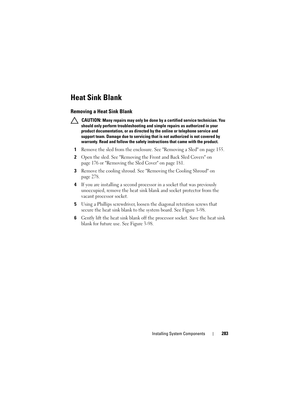 Heat sink blank, Removing a heat sink blank | Dell PowerEdge C8000 User Manual | Page 283 / 386