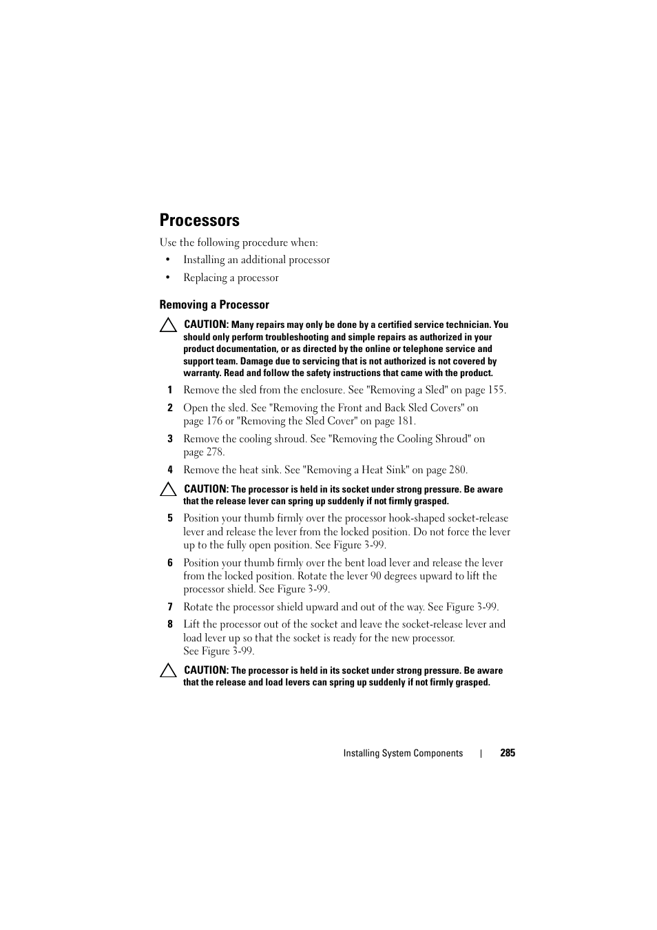 Processors, Removing a processor | Dell PowerEdge C8000 User Manual | Page 285 / 386