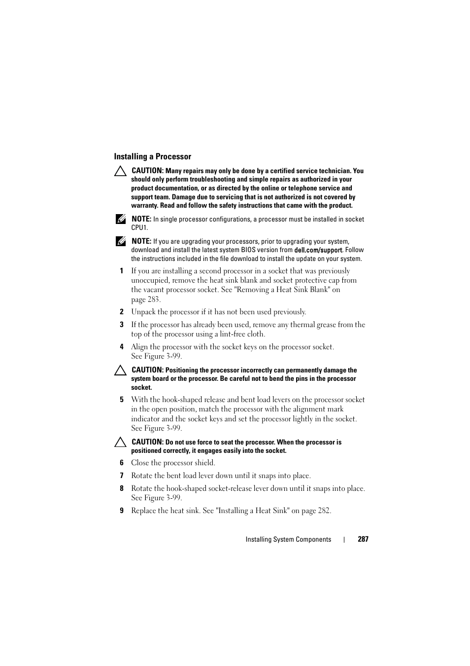 Installing a processor | Dell PowerEdge C8000 User Manual | Page 287 / 386