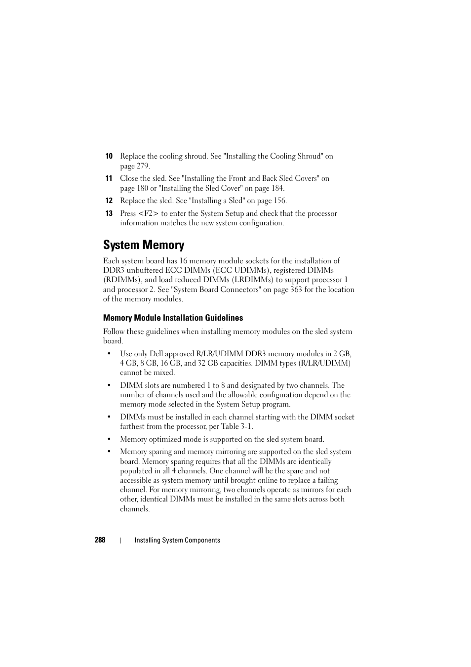 System memory, Memory module installation guidelines | Dell PowerEdge C8000 User Manual | Page 288 / 386