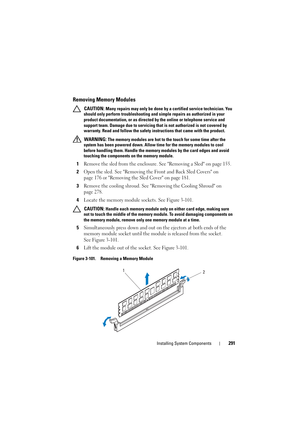 Removing memory modules | Dell PowerEdge C8000 User Manual | Page 291 / 386
