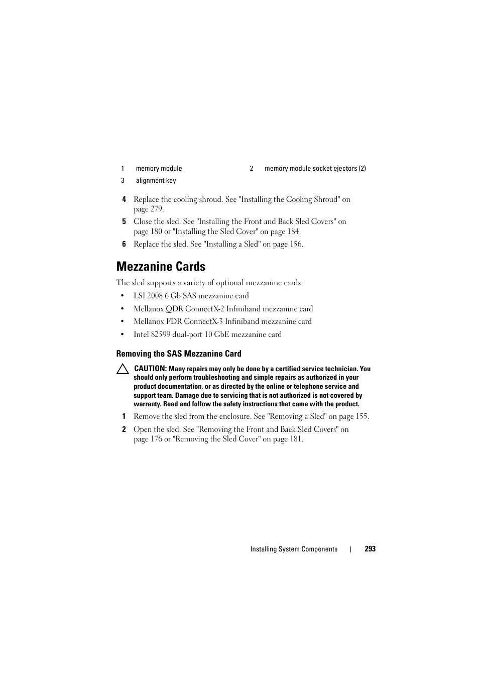 Mezzanine cards, Removing the sas mezzanine card | Dell PowerEdge C8000 User Manual | Page 293 / 386