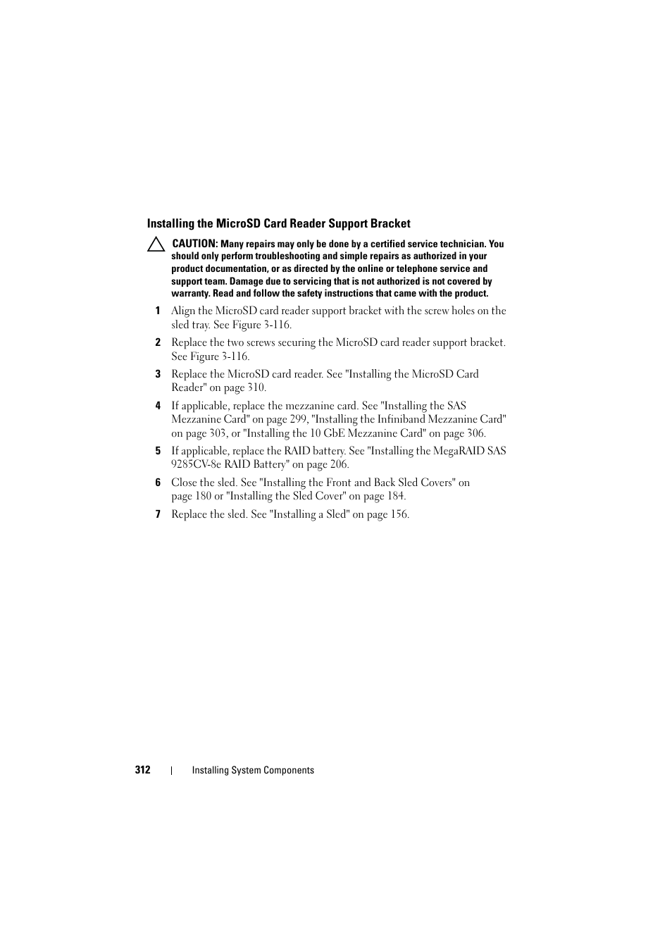 Installing the microsd card reader support bracket, Installing the microsd card reader, Support bracket | Dell PowerEdge C8000 User Manual | Page 312 / 386