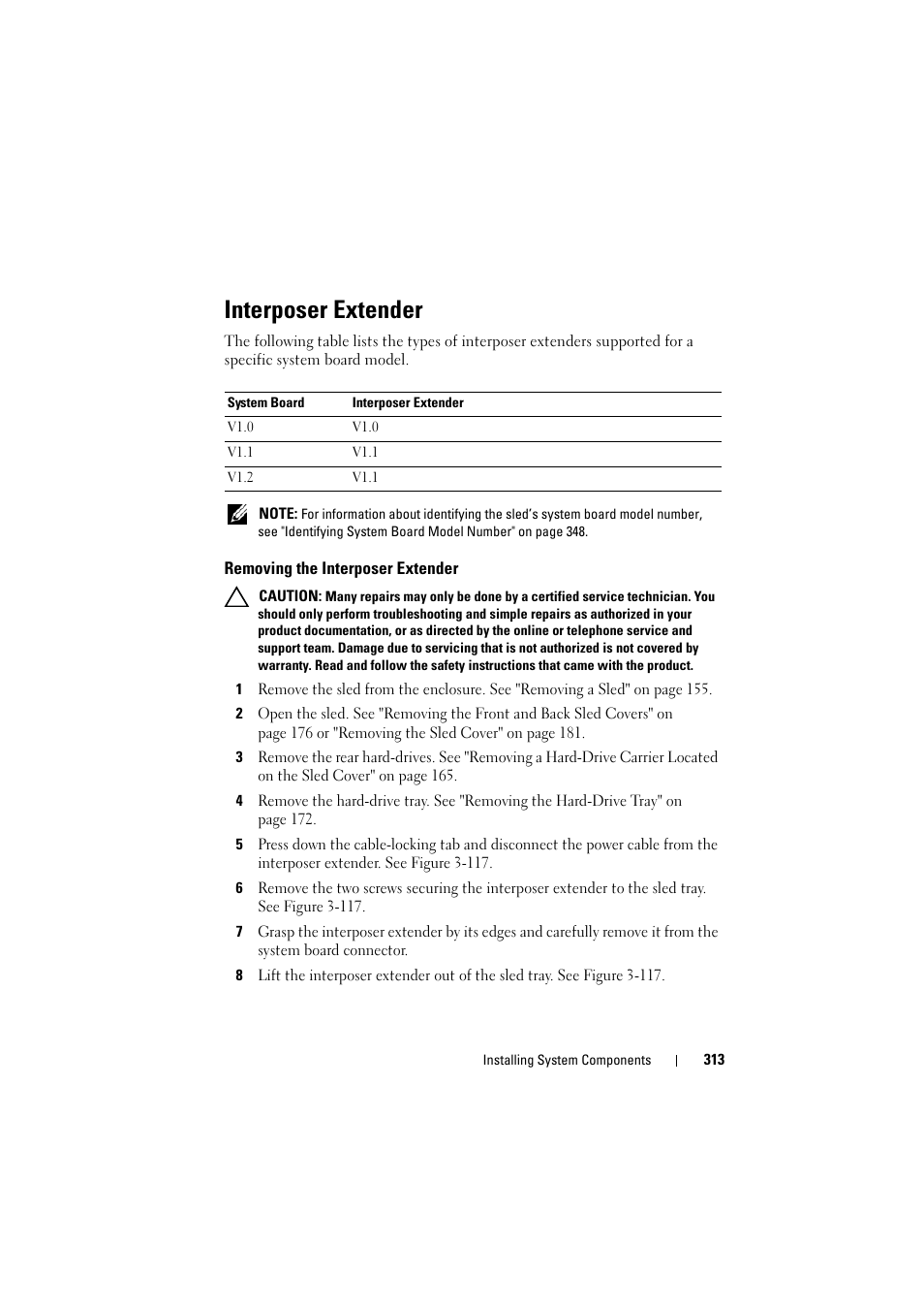 Interposer extender, Removing the interposer extender | Dell PowerEdge C8000 User Manual | Page 313 / 386