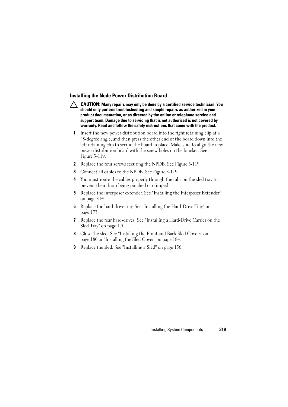 Installing the node power distribution board, Installing the node power distribution, Board | Dell PowerEdge C8000 User Manual | Page 319 / 386