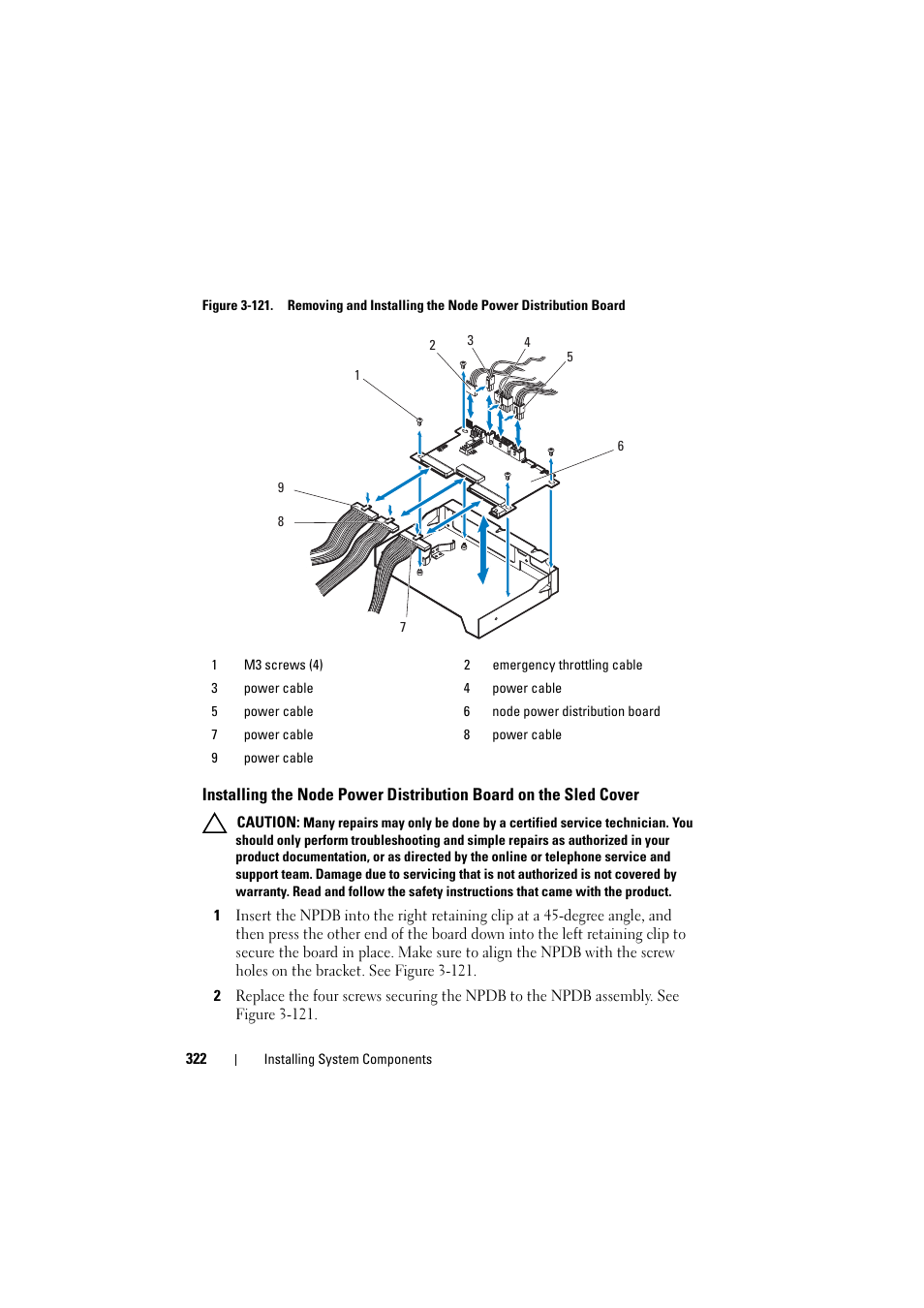 Installing the node power distribution, Board on the sled cover | Dell PowerEdge C8000 User Manual | Page 322 / 386