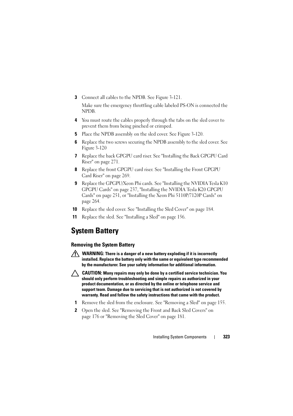 System battery, Removing the system battery | Dell PowerEdge C8000 User Manual | Page 323 / 386