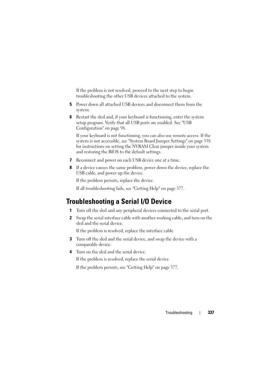 Troubleshooting a serial i/o device, See "troubleshooting a serial | Dell PowerEdge C8000 User Manual | Page 337 / 386