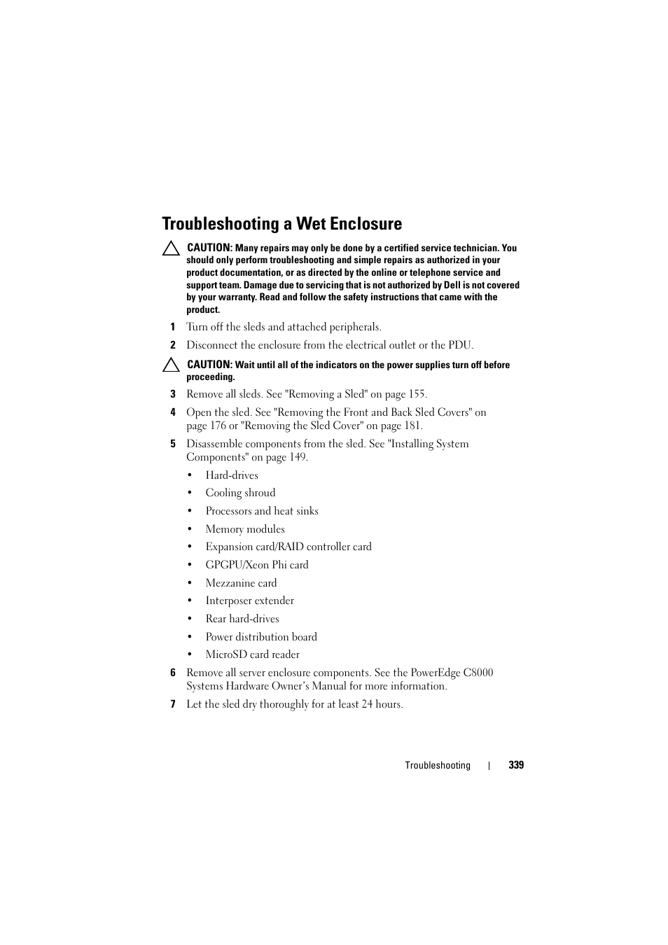 Troubleshooting a wet enclosure | Dell PowerEdge C8000 User Manual | Page 339 / 386