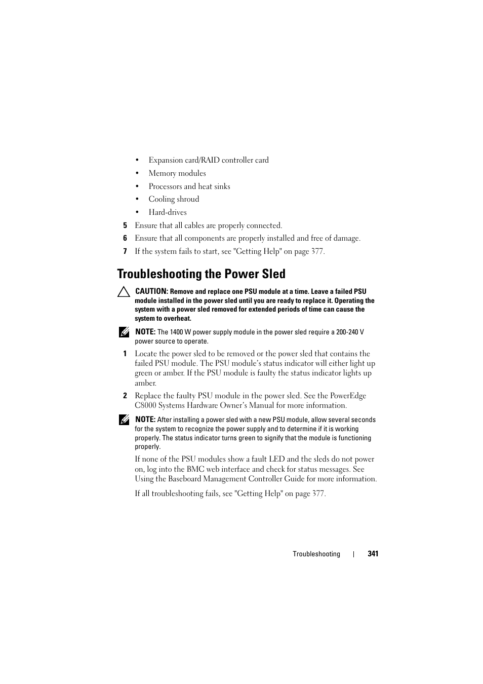 Troubleshooting the power sled | Dell PowerEdge C8000 User Manual | Page 341 / 386