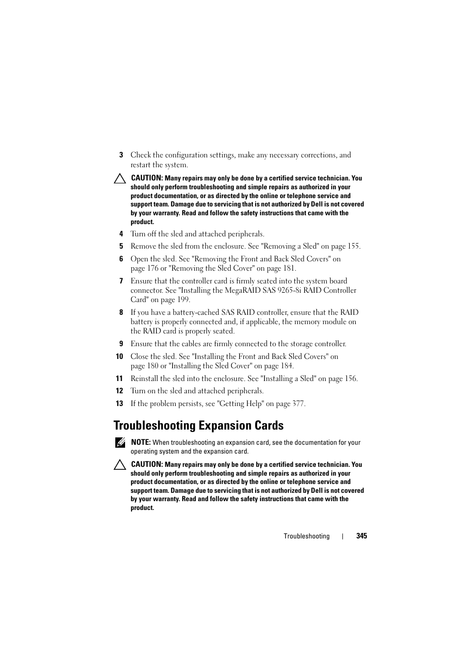 Troubleshooting expansion cards, Troubleshooting, Expansion cards" on | See "troubleshooting | Dell PowerEdge C8000 User Manual | Page 345 / 386