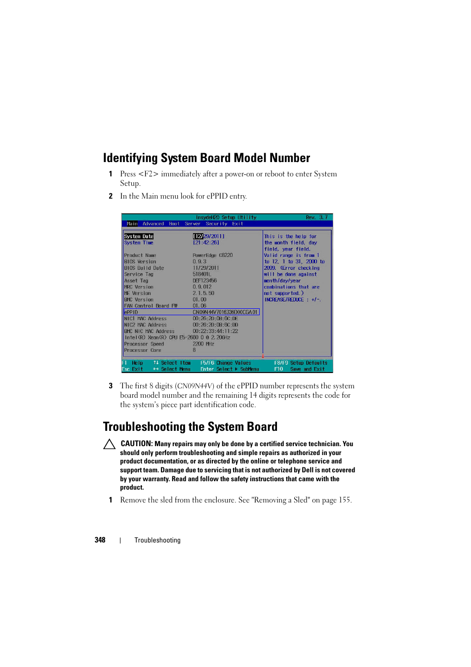 Identifying system board model number, Troubleshooting the system board | Dell PowerEdge C8000 User Manual | Page 348 / 386