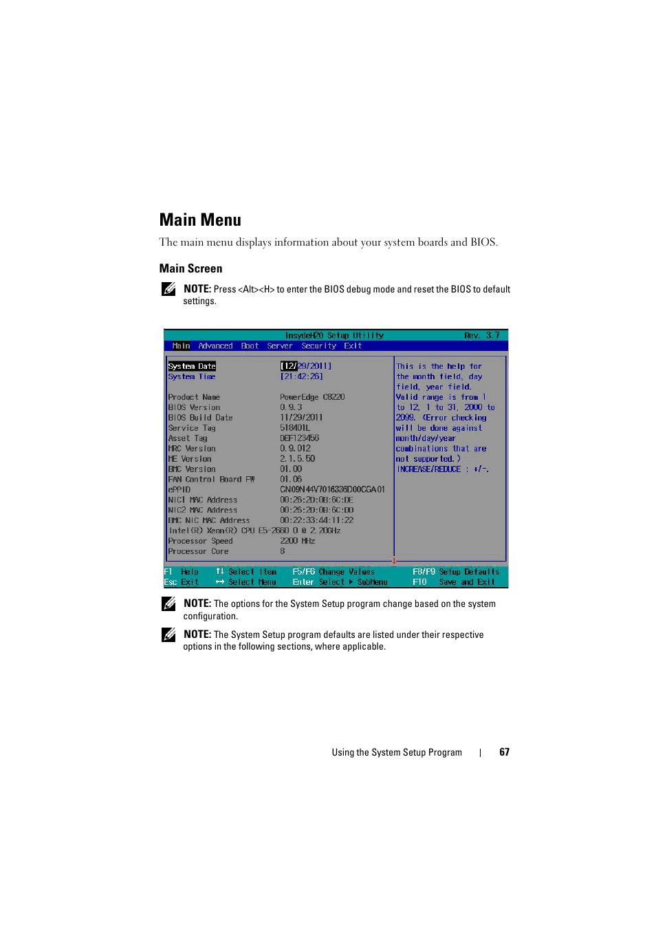 Main menu, Main screen | Dell PowerEdge C8000 User Manual | Page 67 / 386