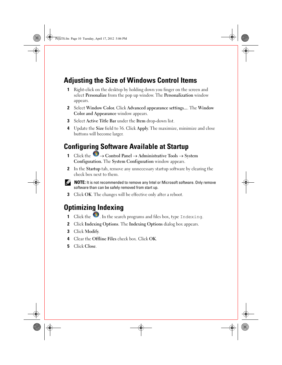 Adjusting the size of windows control items, Configuring software available at startup, Optimizing indexing | Dell Latitude ST (Late 2011) User Manual | Page 2 / 5