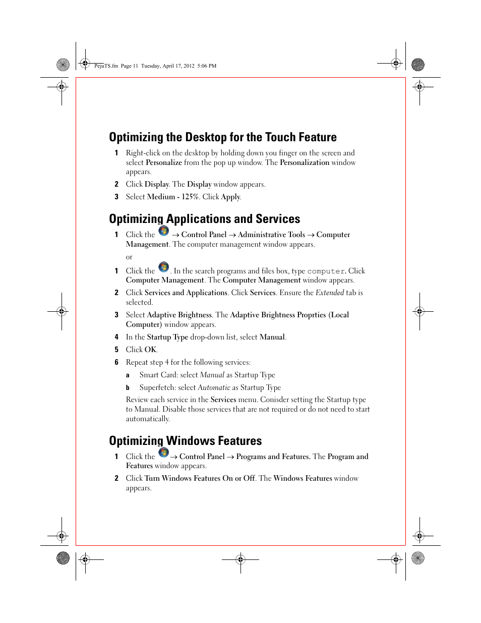 Optimizing the desktop for the touch feature, Optimizing applications and services, Optimizing windows features | Dell Latitude ST (Late 2011) User Manual | Page 3 / 5