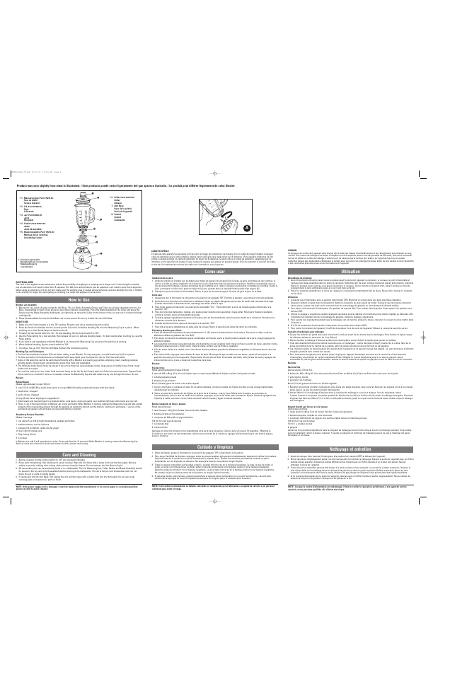 How to use care and cleaning, Como usar utilisation a, Cuidado y limpieza nettoyage et entretien | Black & Decker MTB500 User Manual | Page 2 / 2