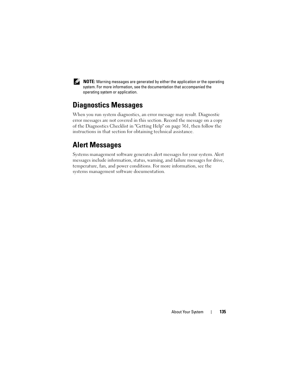 Diagnostics messages, Alert messages | Dell PowerEdge M910 User Manual | Page 135 / 368